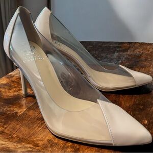 Vince Camuto Poised Clear & Nude-Colored Patent Leather Pointed Toe Pump Heels 7